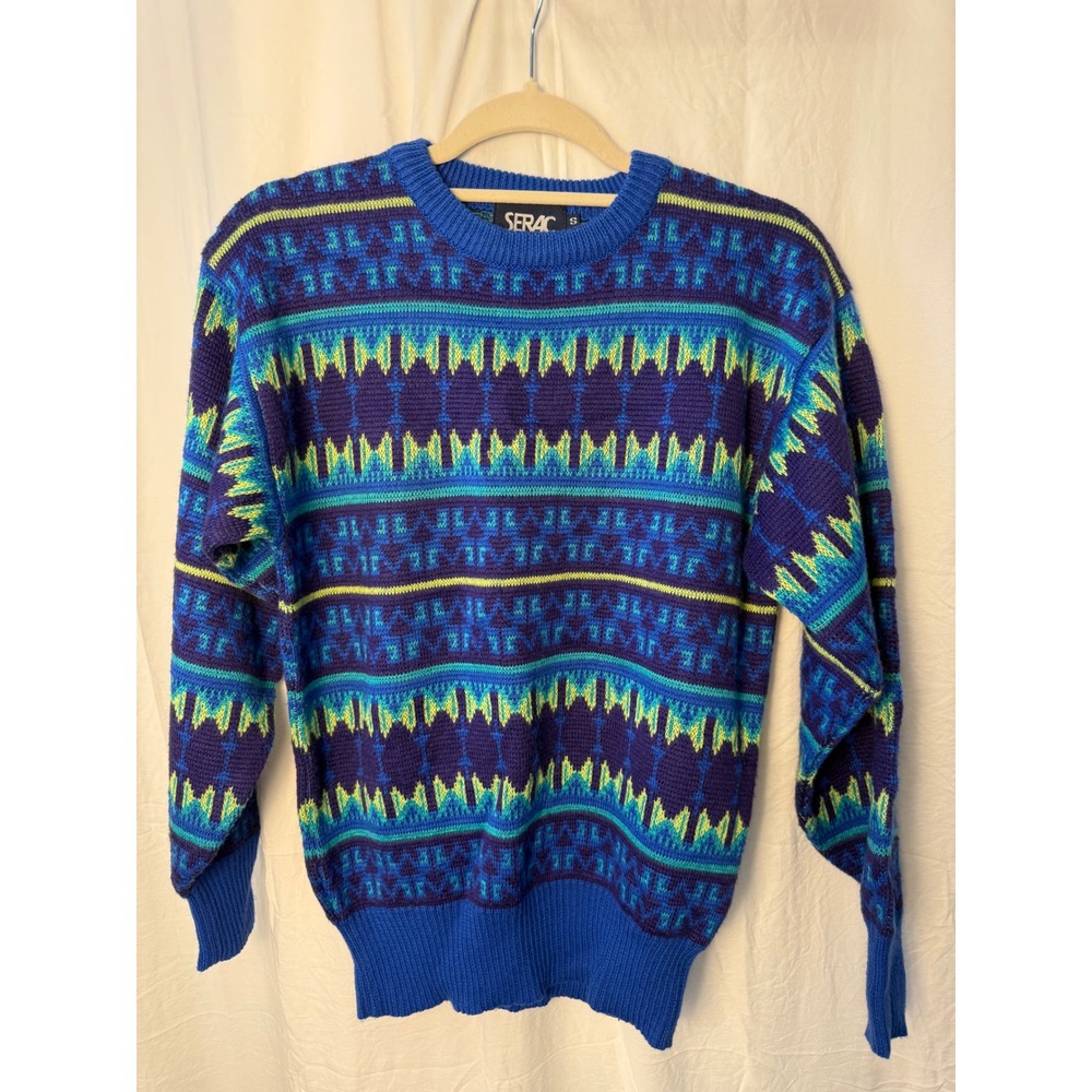 Vintage SERAC Sweater Mens Geometric Granpa core Knit Blue Wool Blend Small S